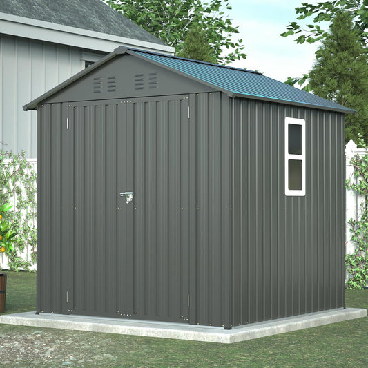 Outdoor Storage Shed, 6 X 6ft Metal Galvanized Steel Garden Shed with Floor Frame, Utility Tool Shed Storage House for Backyard, Patio, Lawn
