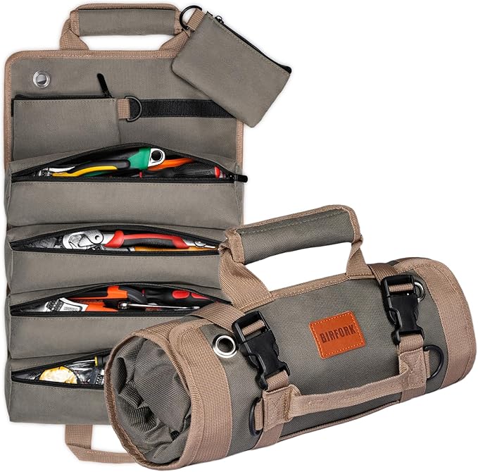 Roll Up Tool Bag, Heavy Duty Tool Organizer Bag, Portable Tools Bag with 6 Tool Pouches for Mechanics, Electricians, DIY Projects, Gifts for Men Dad Husband (Army Green)