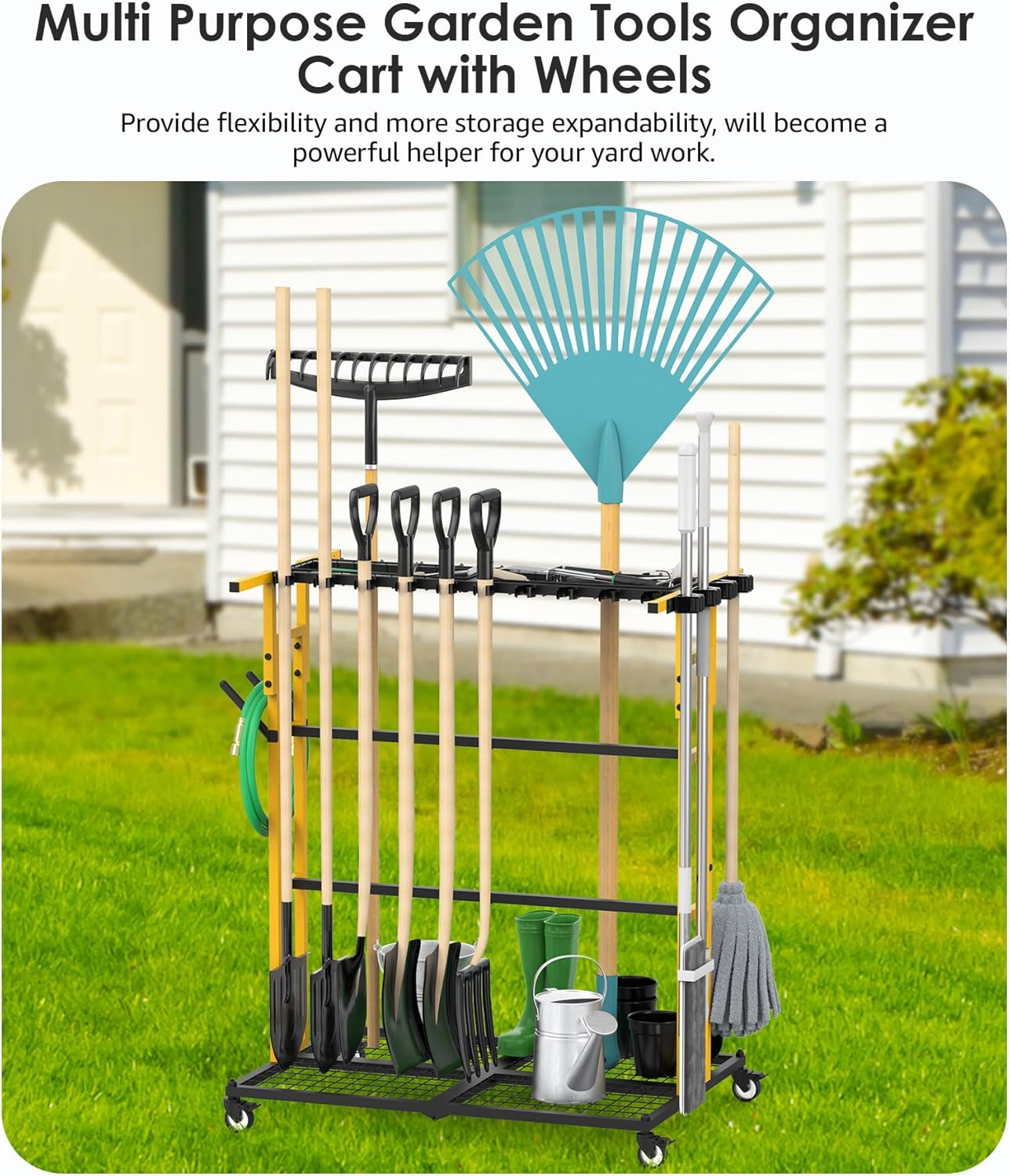 CCCEI Garage Organization with Wheels, Outdoor Gargen Yard Shed Tools Organizer Cart, Home Storage for Cleaning Supplies Organizer, Broom Holder, for Shovel and Rake, Long Farming and Farming Tools.