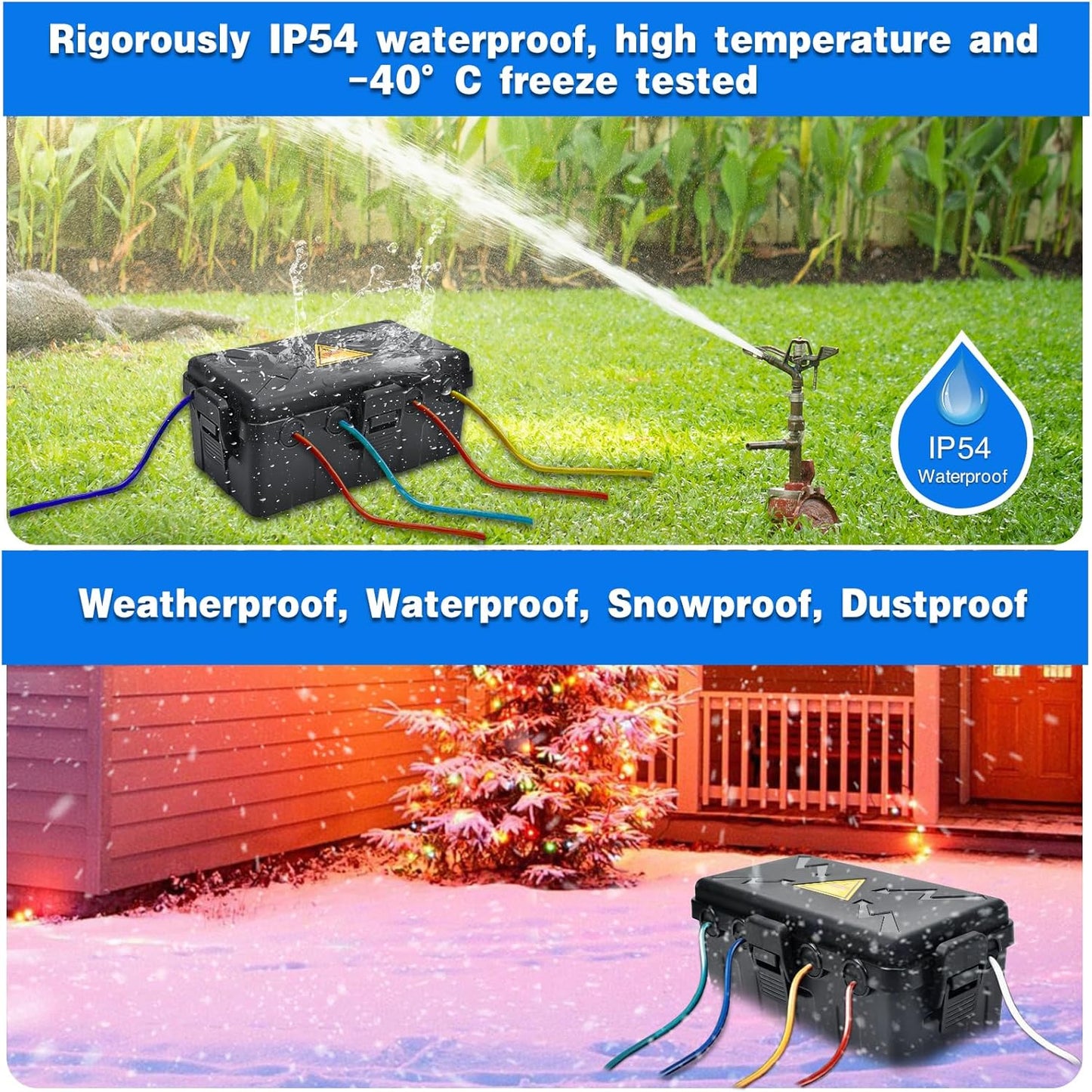 Hrensaw Medium Outdoor Electrical Box(10.6x5.5x4.5inch),Weatherproof Connection Box w/6 Cable Entry,IP54 Waterproof Extension Cord Cover Protect Power Strip,Timer,Plug,Holiday Lights,Black