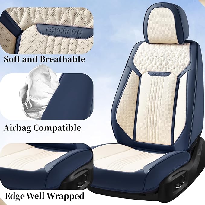 Coverado Seat Covers Full Set, Car Seat Covers Waterproof, Luxury Leather Seat Cover for Cars, Front Seats and Back Seat Cover, Car Seat Cushion, Car Seat Protector Universal Fit Most Cars,Blue&White