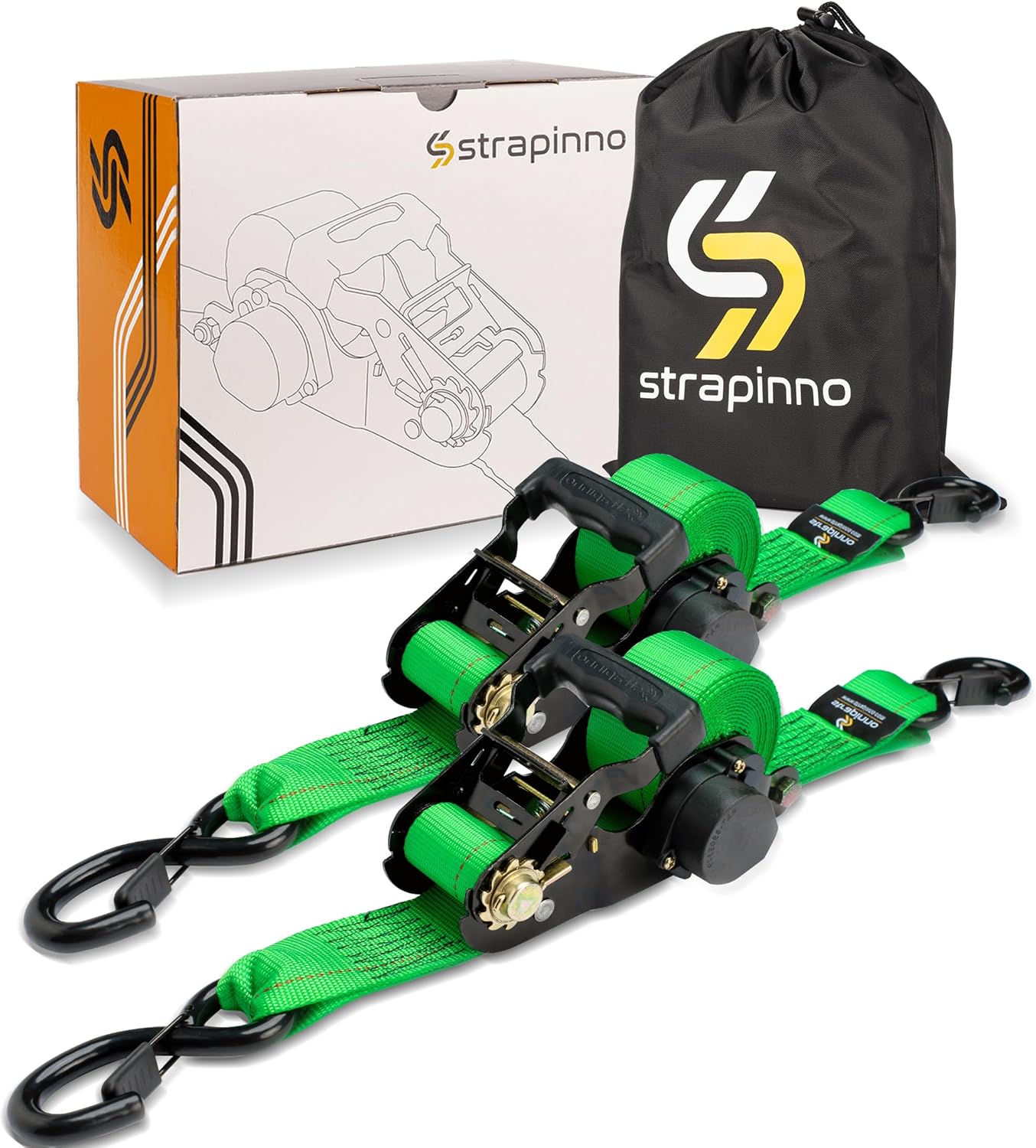 Strapinno Retractable Ratchet Tie-Down Straps,5,000 lbs Breaking Strength- 2 in x 12 ft Heavy Duty Ratchet Strap with Safety Lock S Hooks for Motorcycles, ATVs, UTVs, Lawn Equipment & Cargo (Green)