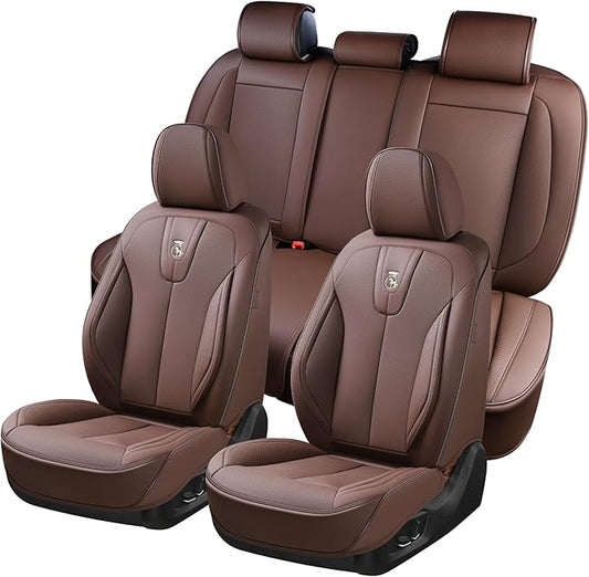 Leather Seat Covers Full Set, Waterproof Seat Cover for Cars 5 Seats, Luxury Leatherette Car Seat Cushion, Front and Rear Protectors Automotive Seat Covers for Sedan SUV Pick-up Truck, Brown