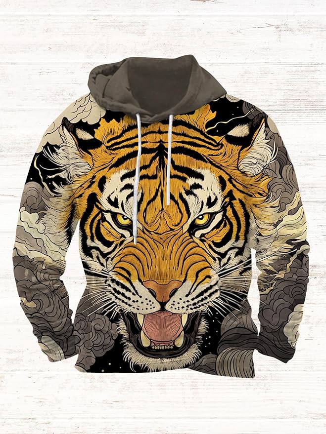 Mens Animal Print Graphic Hoodies Casual Long Sleeve Japanese Art Style Hooded Sweatshirt Lightweight Pullover Tops