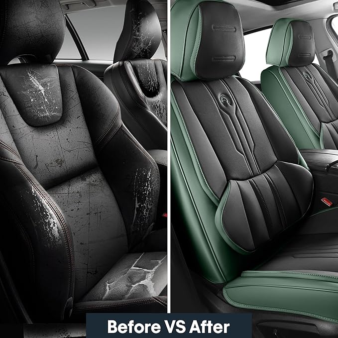 Car Seat Covers Custom Fit for Ford F150 2009-2026,Faux Leather Seat Cover Set for 2017-2026 F250 F350 F450, Accomodating Regular Cab Super Cab Super Crew Pickup Truck Cushions(BlackGreen,Full Set)