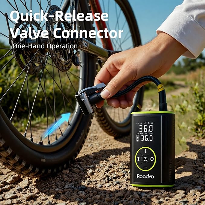 Roadvo Tire Inflator Portable Air Compressor – 150 PSI Cordless Bicycle Pump with Pressure Gauge, Digital Air Pump with 10000mAh Battery for Car, Road Bike, Electric Bike, MTB, Motorcycle, Balls
