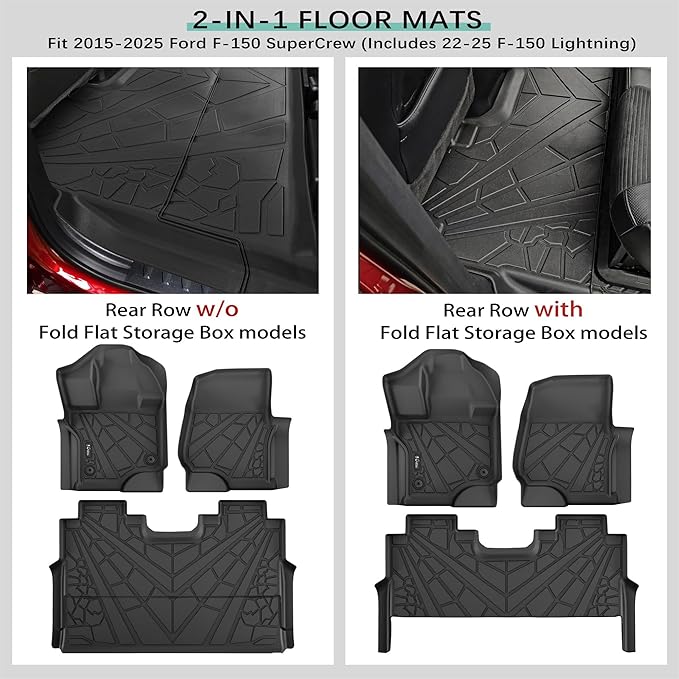 KARPAL Floor Mats Fit for 2015-2026 Ford F-150/2022-2025 F-150 Lightning SuperCrew (Rear with Fold Flat Storage), All Weather Custom Fit TPE 1st&2nd F150 Accessories Floor Liners