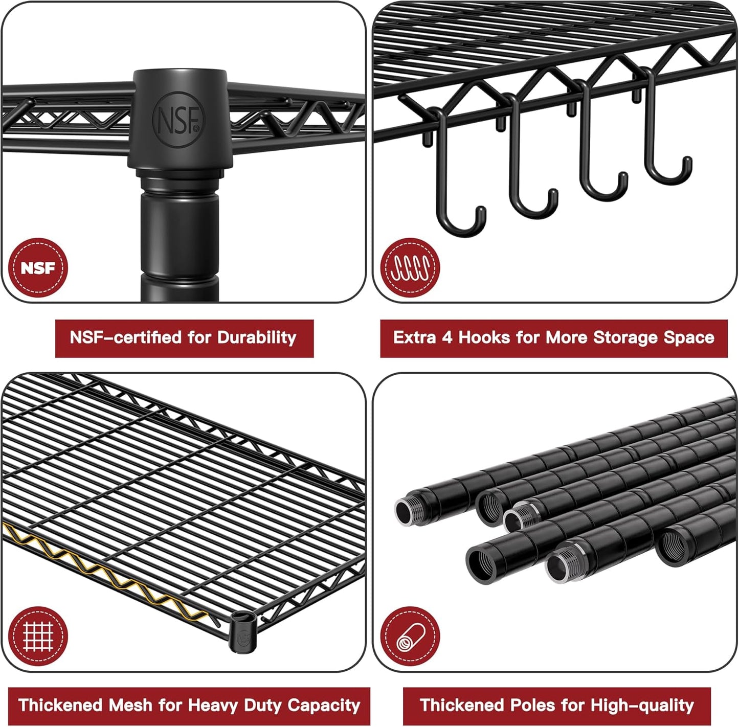 PrimeZone 4 Packs 36" W x 16" D x 79" H Wire Storage Shelves with Wheels, 5 Tier NSF Certified Heavy Duty Adjustable Kitchen Shelving Unit, Pantry Organizer Rack Rolling Metal Shelf for Garage Closet