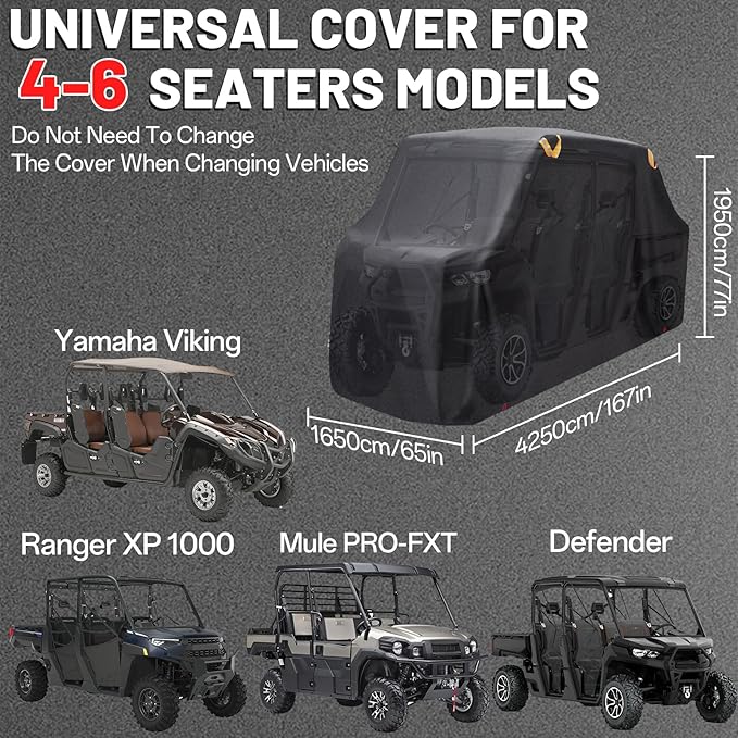 StarknightMT UTV Cover 4-6 Seater,Large 420D Waterproof Cover Compatible with Defender MAX PRO/X3 MAX/Wildcat/Prowler/Viking/Ranger Crew/RZR XP 4/Teryx4/Mule Pro/Gator XUV 590 with Reflective Strips