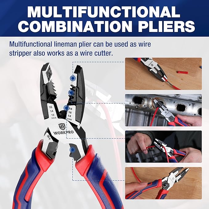 WORKPRO 6-in-1 Linesman Pliers with Wire Cutter and Stripper, 8 Inch Multipurpose Combination Pliers, Premium CRV Steel Hand Tool Plier for Twisting Cutting Wires and Clamping Screws