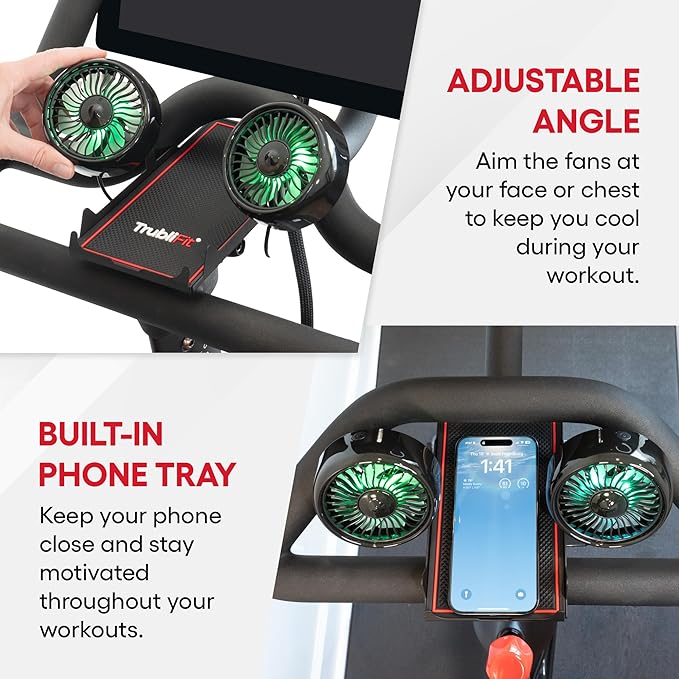 Dual Bike Fans with Phone Tray for Peloton Bike - All-Metal Phone Holder - No Batteries Required - Accessories for Peloton Bike - Compatible with Cross Training Bike