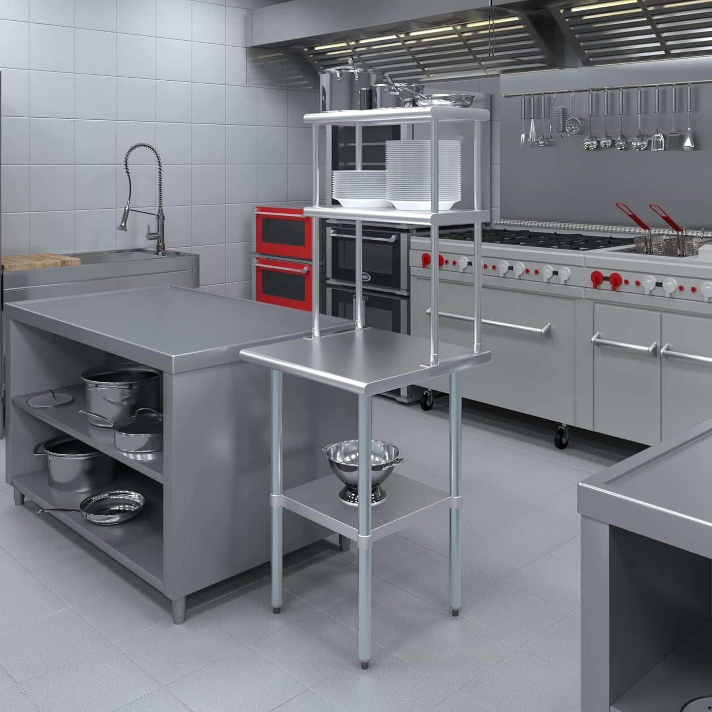 Amgood Stainless Steel Work Table Wide Double Tier Overshelf | NSF | Metal Kitchen Prep Table & Shelving Combo (24" x 24" Work Table + 12" Overshelf)