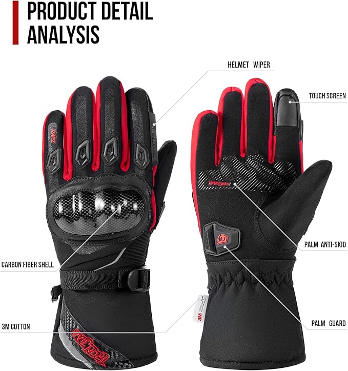 BORLENI Winter Motorcycle Gloves for Men, CE Level 1 KP Protection, Touchscreen Windproof Waterproof Warm Riding Gloves with Carbon Fiber Shell for Cold Weather