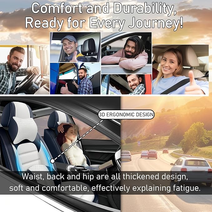 Car Seat Covers Fit for Toyota Highlander 2000-2025 | 7 Seat Car Seat Cover | No-Slip Waterproof Breathable Faux Leather Automotive Seat Covers Auto Interior Covers Blue White,Full Set with Pillow