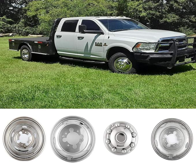 4pcs 17" Polished Stainless Steel Dually Wheel Simulators,Nice Looking Bolt On Wheel Cover with Removable Centre Cap,8 Lug 5 Hand Hole Hubcap Fit for 2003-2018 Dodge Ram 3500 17D8