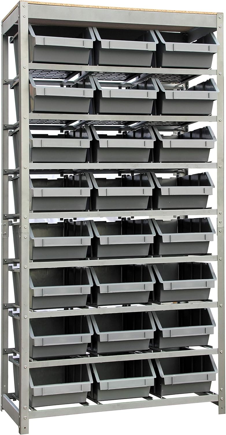King's Rack Bin Rack Storage System Heavy Duty Steel Rack Organizer Shelving Unit w/ 24 Plastic Bins in 8 Tiers