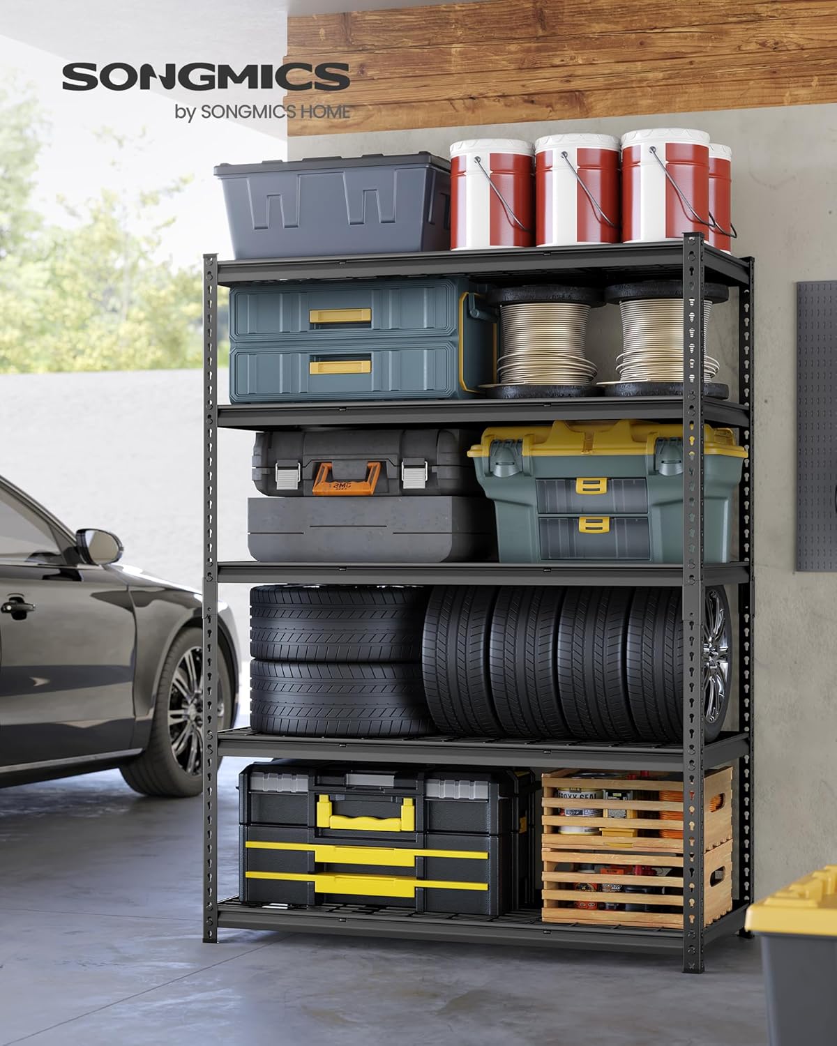 SONGMICS 5-Tier Storage Shelves, Heavy-Duty Garage Shelving, Adjustable Shelving Unit, Steel Shelf, Boltless Assembly, for Garage, Shed, 2,200 lb Load, 24 x 48 x 72 Inches, Ink Black UGLR454B01