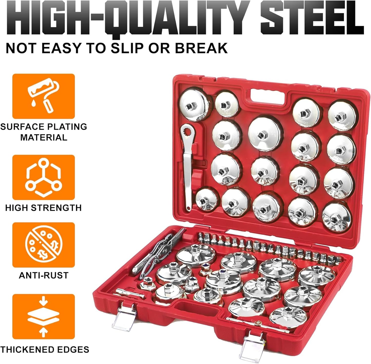 Auto Oil Filter Socket Wrench Set, Cup Type 1/2 inch Drive Cap Removal Tool, with Drain Plug Socket Set/Adjustable/Drive, Compatible, all Models Car, SUV, Oil Filter (58, RED)