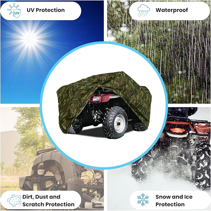 EliteShield Lightweight ATV Cover, Weatherproof Quad Cover, Water and Wind Resistant Four Wheeler Cover, Riding Lawn Mower Cover, Camo Color fits Youth ATV, Garden Tractor up to 65" Long