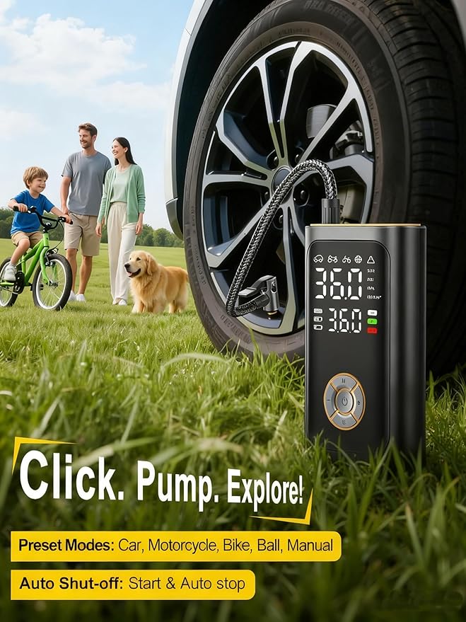 Tire Inflator Portable Air Compressor - Fast Inflation Cordless Air Pump for Car Tires, 150PSI Electric Bike Tire Pump with Digital Pressure Gauge, LED light for Car, Motorcycle, Bike, Ball (art)