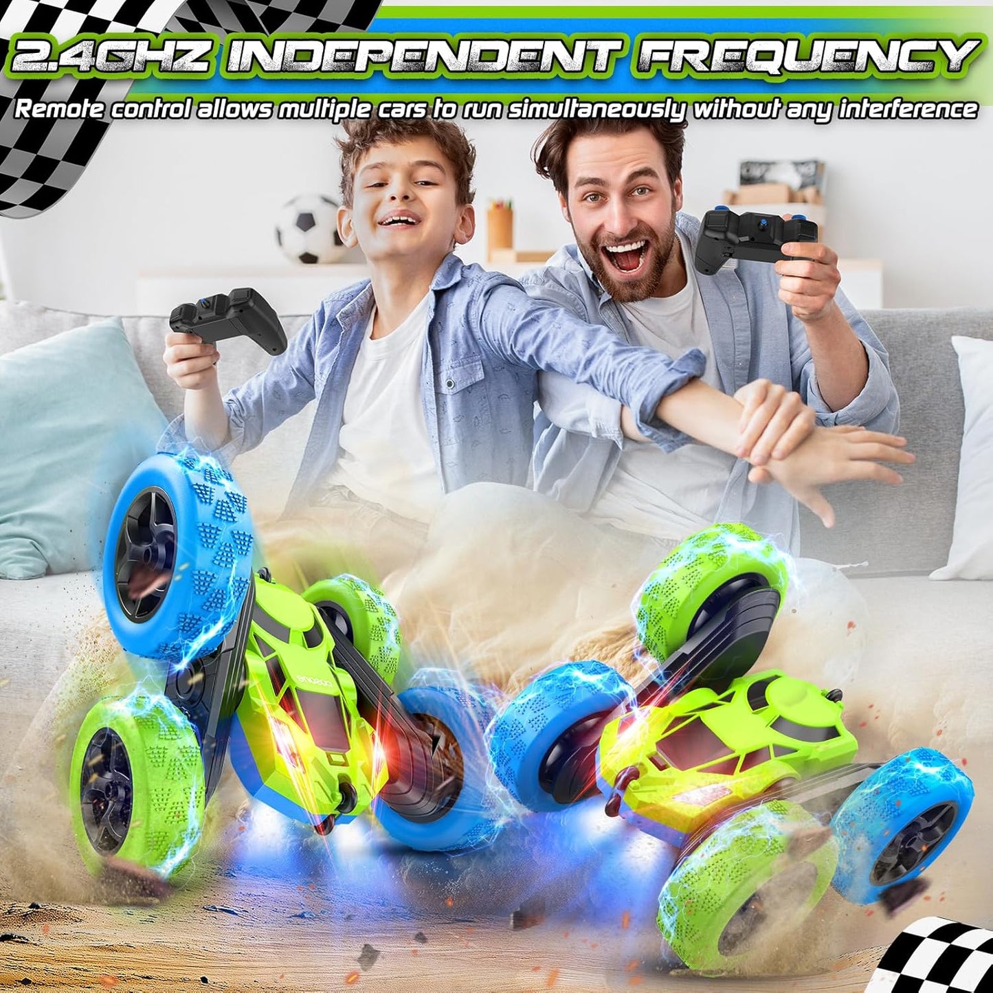 cosone Remote Control Car Toys for Boys - 4WD 2.4Ghz Double Sided 360° Rotating All Terrain RC Cars with Cool Lights, Kids Birthday for Boys-Blue&Green