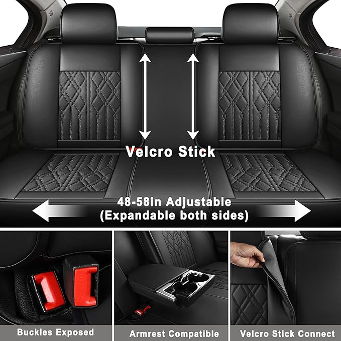 Huidasource Leather Back Row Seat Covers, Waterproof Rear Split Bench Car Seat Covers, Vehicle Seat Cushion Cover Protector Universal Fit for Most Cars Sedan SUV Pickup Truck(Back Row/Black)