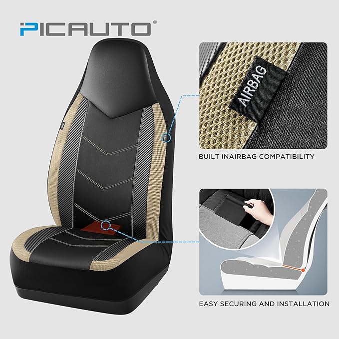 PIC AUTO Leather Car Seat Covers, Sports Carbon Fiber & Mesh Design, High-Back Full Set, Waterproof Automotive Seat Covers, Airbag Compatible, Universal Fit for Cars, SUVs, Trucks (Black & Beige)