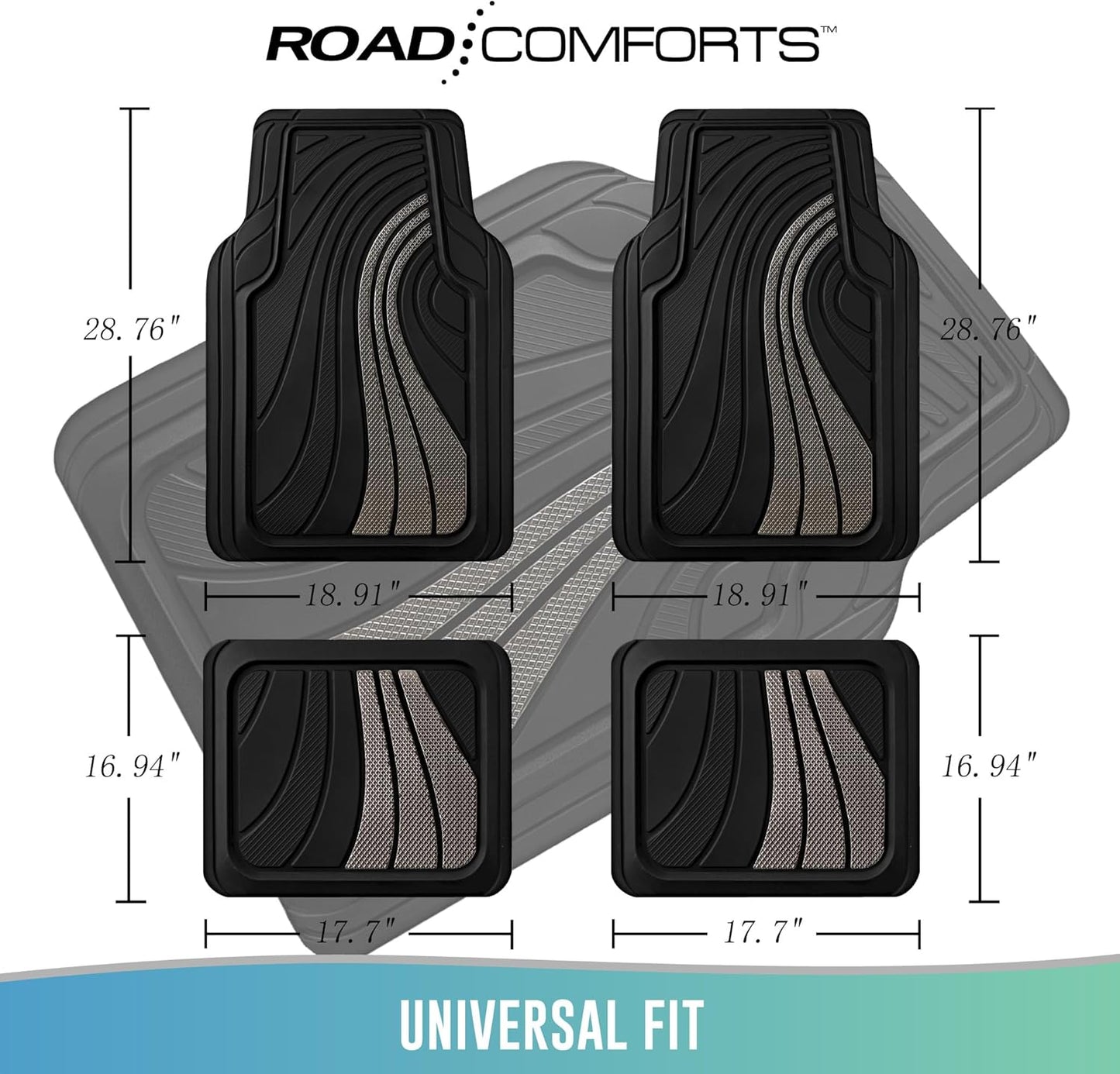 Road Comforts Car Floor Mats Full Set – Front & Rear Car Floor Mats with Aluminum Design, Anti-Slip Backing, All-Weather Protection, Trim-to-Fit Car Mats for Most Sedans, SUVs & Vans - Light Grey