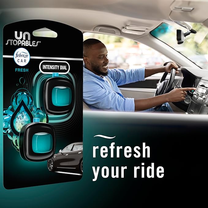 Febreze Car Air Freshener, Odor-Fighting Automotive Vent Clip, Scented Car Accessories, Long Lasting for Strong Odors, Unique Stocking Stuffer, Unstopables Fresh Scent, .07 fl oz, 4 Count