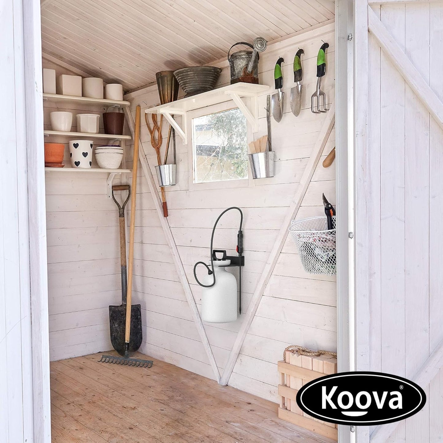 Koova Garden Pump Sprayer Holder | Wall Mounted Garden Tool Garage Organizer and Storage | FIts Round Bottles up to 2.5 Gallons | for Lawn, Plant, Water Sprayers