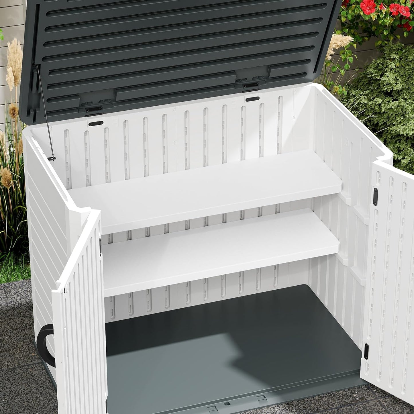 DWVO 2-Pack Resin Storage Shed Shelves, Fit for 35 Cu. Ft. Horizontal Shed 4.3x2.5x3.4 FT, 47" x 12.6" Waterproof Shelves with 8 Screws, 44 lbs Capacity, Easy to Assemble, Gray