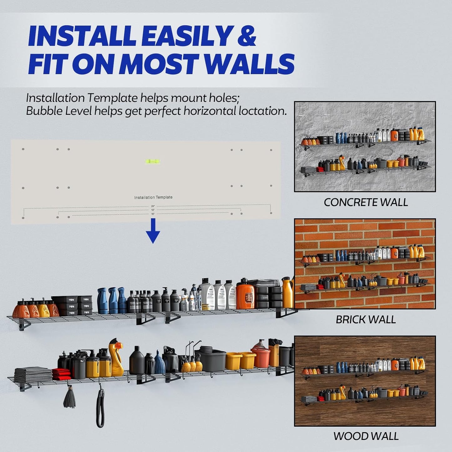 FAHKNS 2 x 6 ft Garage Wall Shelving, 2-Pack Garage Shelving Wall Mounted, 1200LBS Capacity Heavy Duty Metal Wire Shelves, Floating Long Shelf for Carport Shed Kitchen, Black