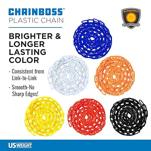 US Weight (Made in USA) 2" x 100' (5 Pack - 500’ Total) Red Plastic Safety Chain ft. SunShield UV Resistant Technology