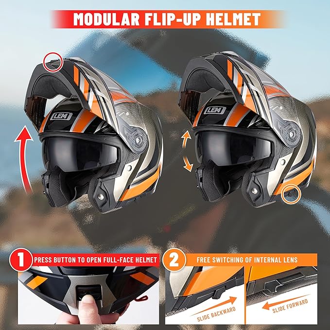 LEM Modular Motorcycle Helmets Fiberglass, Full Face Motorcycle Helmet Flip Up for Touring, DOT Certified, Release Sun Visor & Removable Comfort Liner, Lightweight Street Bike Helmet (Orange, XL)