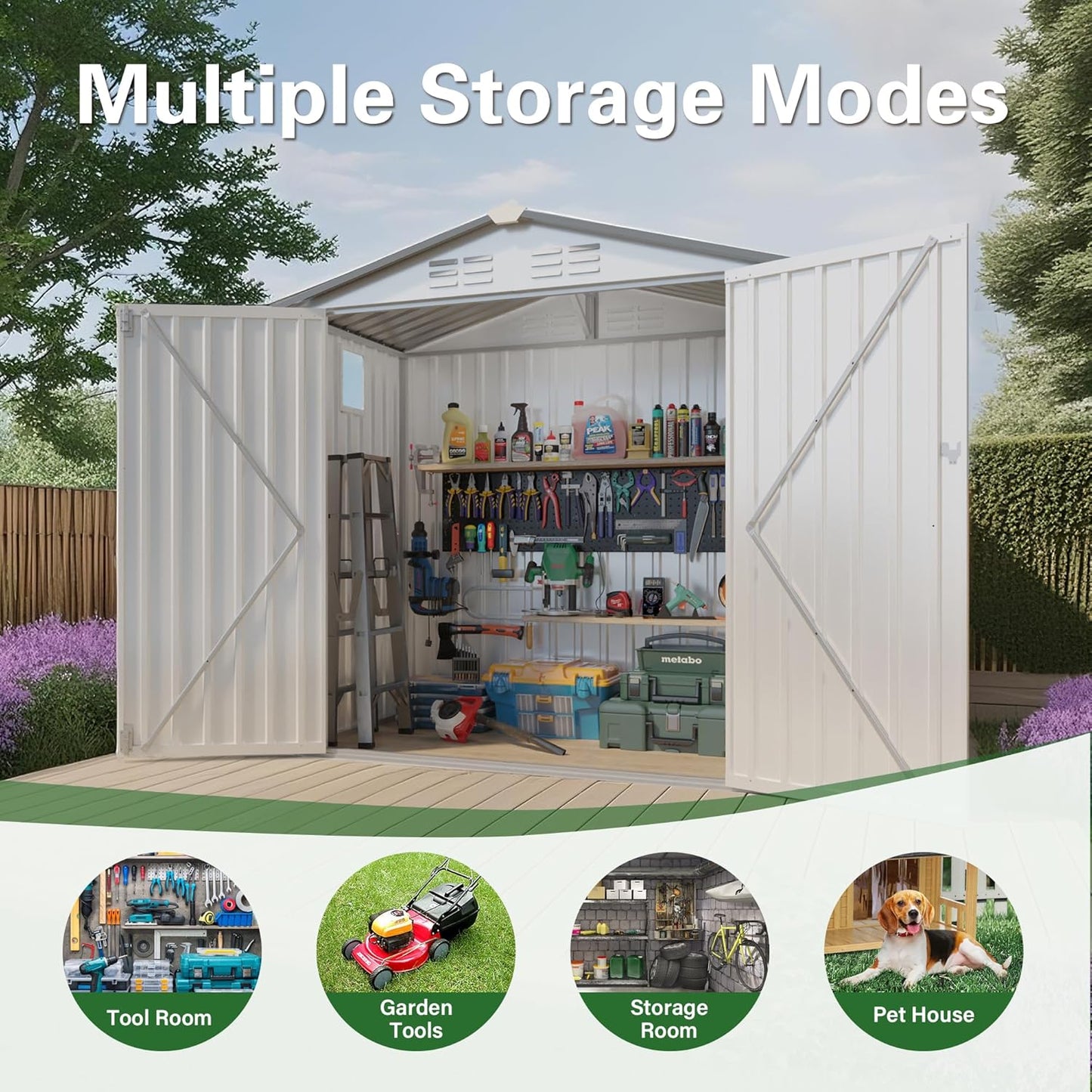 6 x 4 FT Outdoor Storage Metal Shed, Bike Garden Tool Shed with Slooping Roof, Lockable Doors and Aluminum Frames, Shed Easy to Assemble for Garden, Patio, Lawn, White