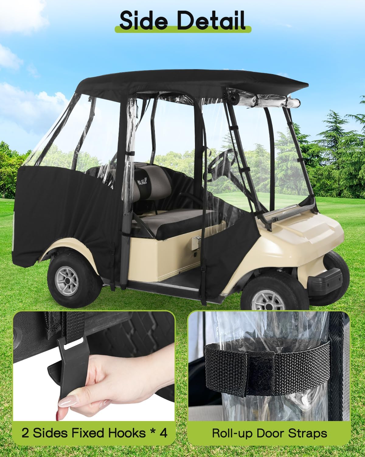Golf Cart Enclosure 4 Passenger for Club Car DS 2+2 Enclosure Waterproof Windproof Driving Rain Cover Fit 4-Seater Short Roof with 4-Sided Clear Windows Mirror Zipper Roll-up Door Black