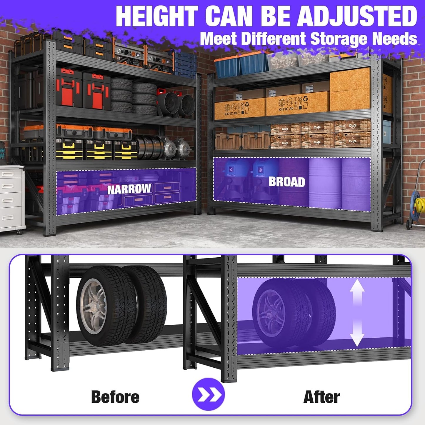 Metal Garage Shelving Heavy Duty, 4-Tier Adjustable Wire Storage Garage Shelves, 6000 LBS Loads Industrial Shelving Units for Garages, Warehouses, Kitchen, Black, 59" W x 24" D x 59" H,3 Pack