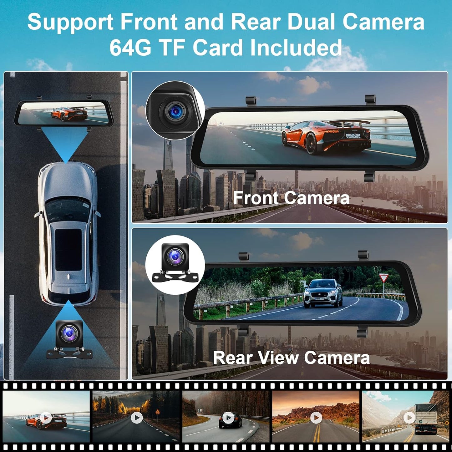Car in-Mirror Mounted Dash Cam with Front & Rear View Camera Wireless Carplay Android Auto Car Driving Recorder with 9.66 Inch IPS Touchscreen Support DVR Voice Control Bluetooth Call FM Transmitter