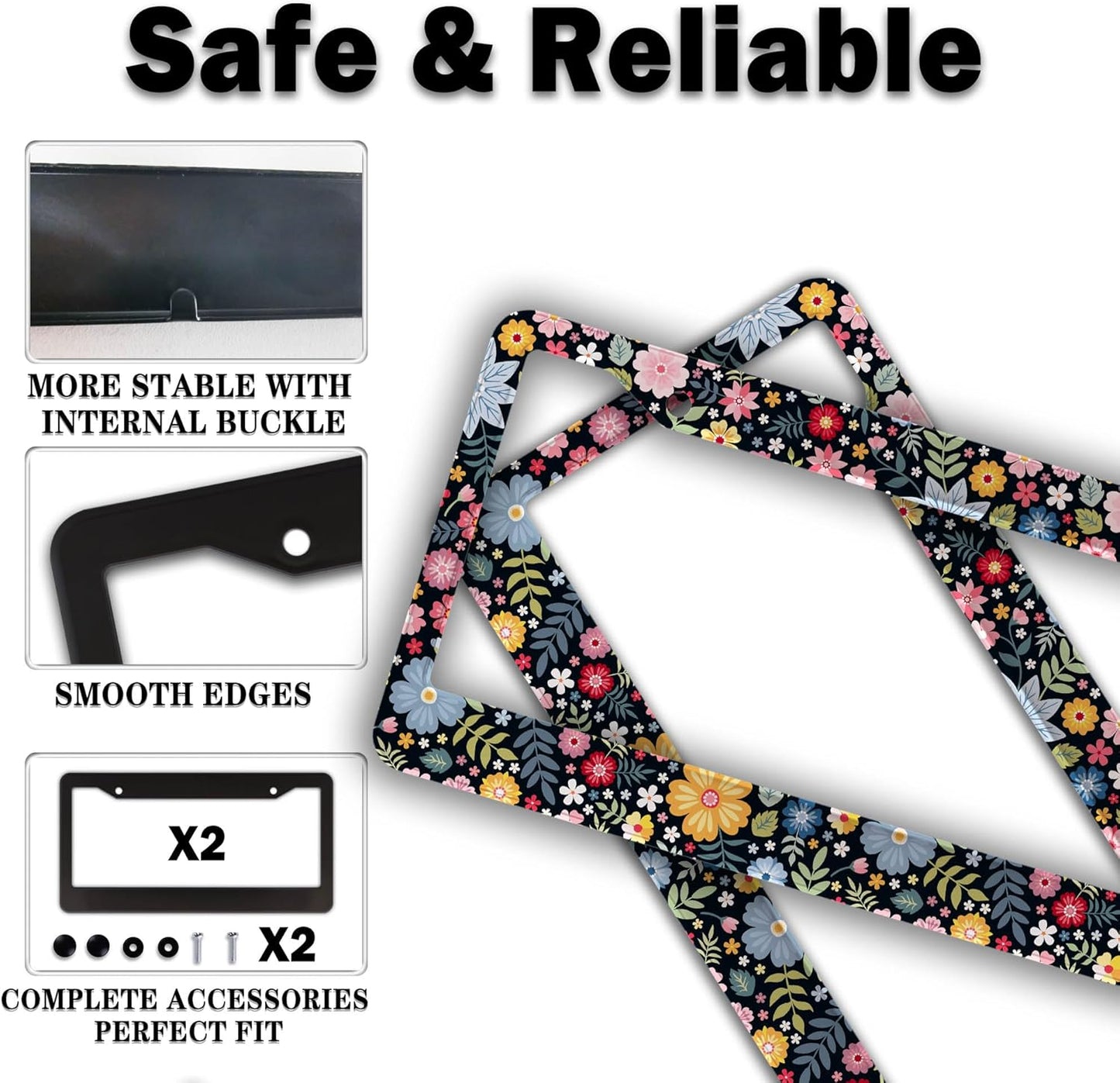 License Plate Protector Multicolor License Plate Frames Colorful Floral Flowers Universal Aluminum Car Accessory 2 Pack with Screw Covers Set