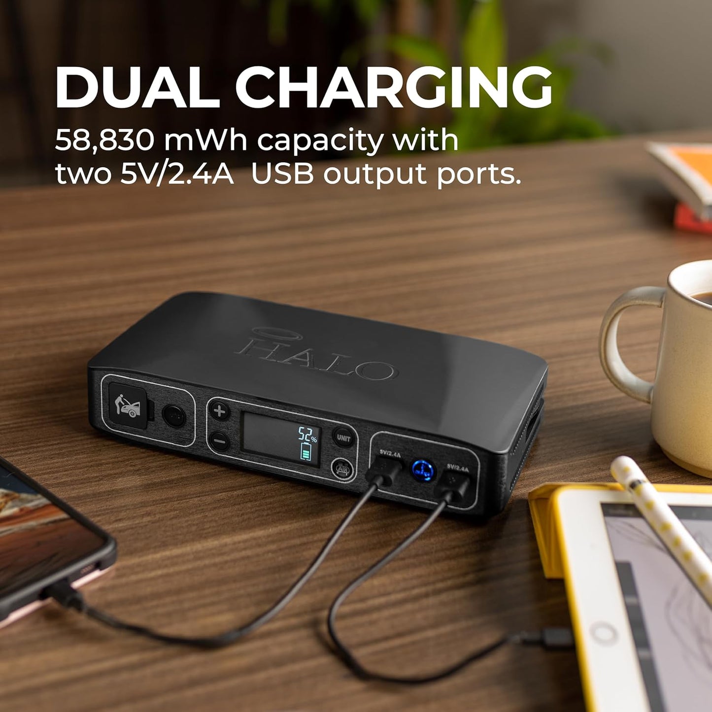 HALO Bolt Air 58830 Portable Car Battery Jump Starter | 100 PSI Air Compressor, 58.8Wh USB Power Bank, Emergency Floodlight & Charger, Jumps Cars SUVs & Trucks, Inflates Tires, TSA Approved — Camo