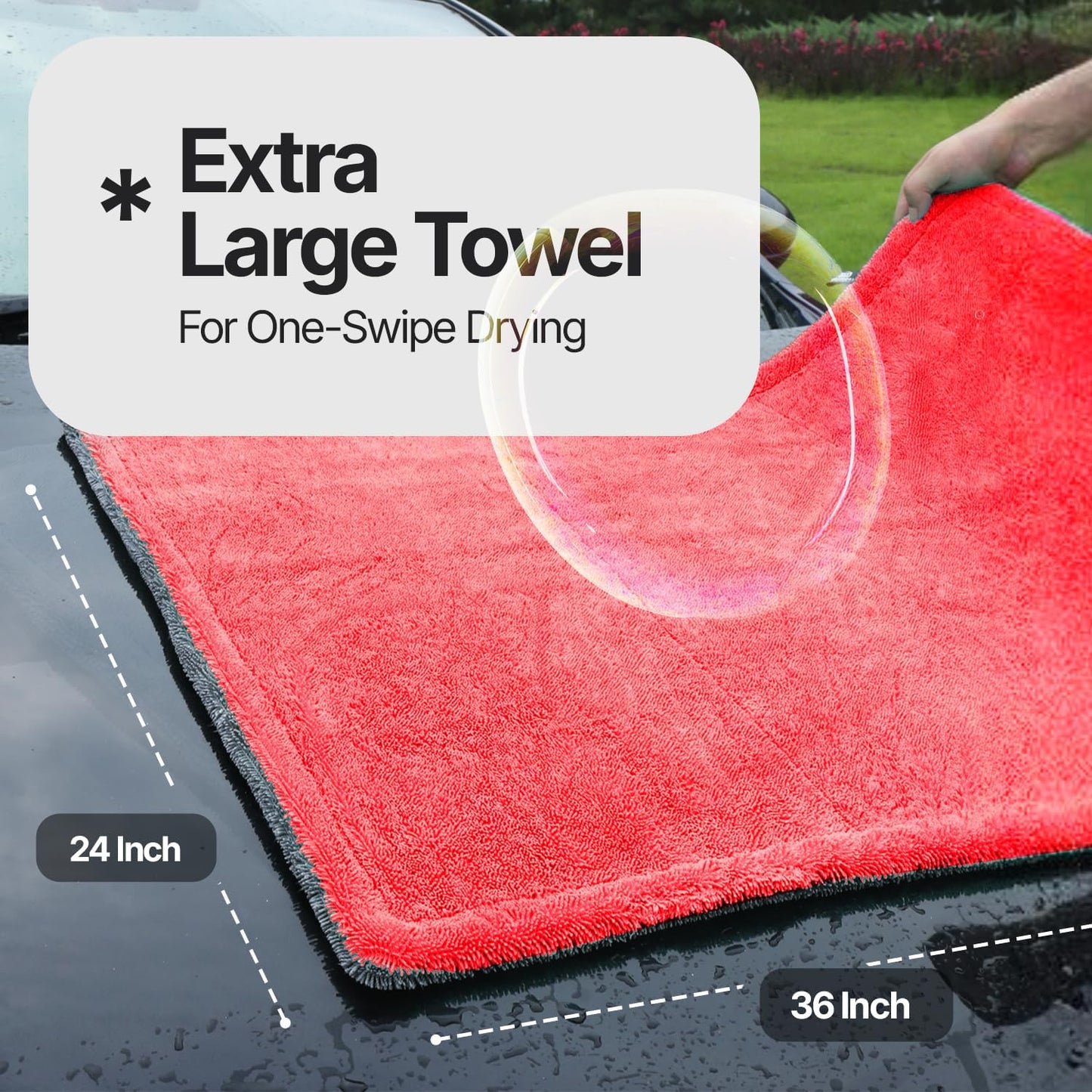 Microfiber Towels for Cars - 1300GSM X Large Size Double Twisted Loop 2pcs - 70/30 Blend Quick Dry High Absorbent Edgeless Streak Free - Car Drying Towel for Detailing 24x36″ & 12x12 (Grey+Red)