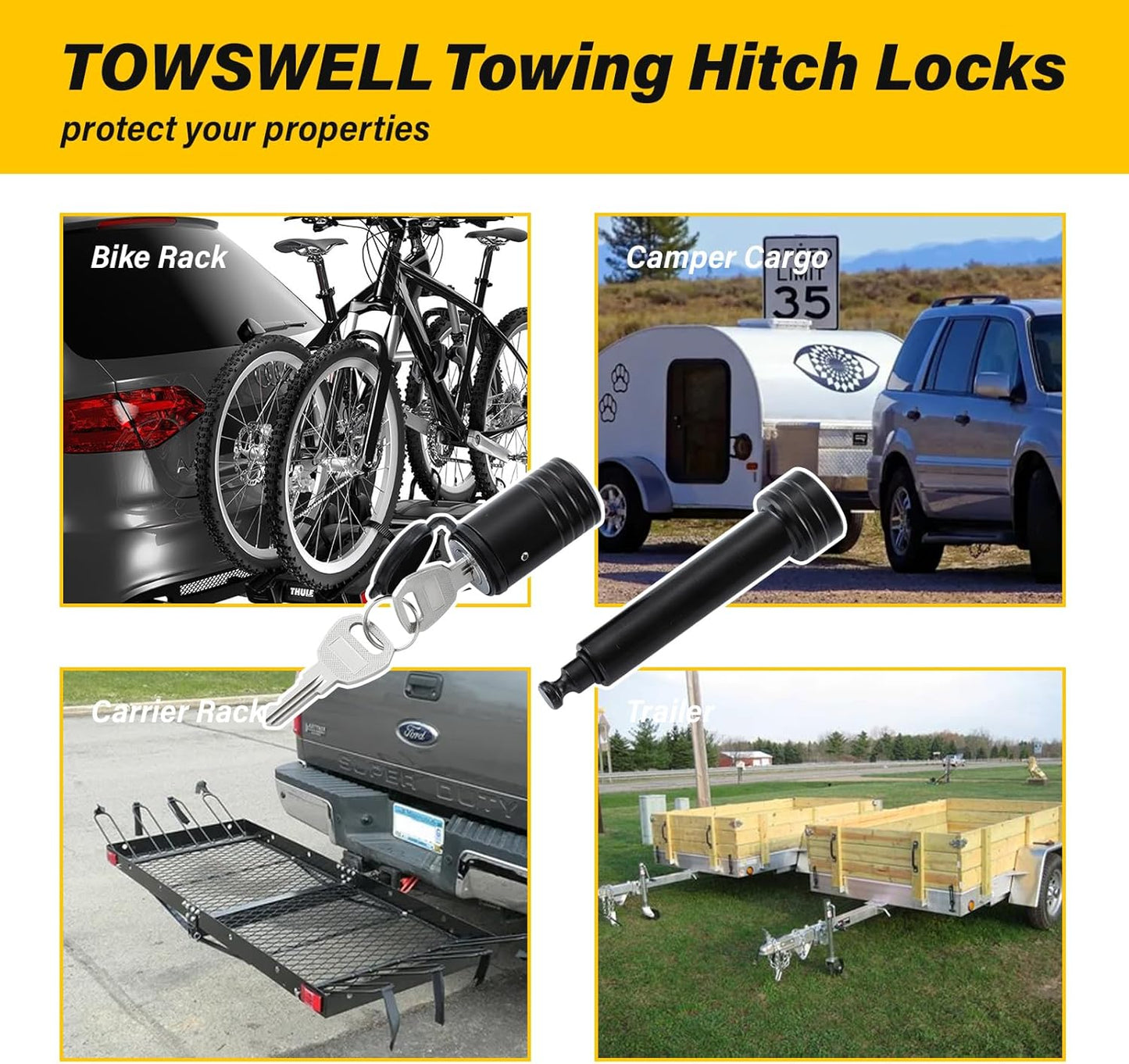 Trailer Hitch Lock, Hitch Lock with 5/8'' Dia Pin Fits 2" Receiver Tubes, for Class III IV 2 Inch Receiver, for Trailer Car Boat, KD 2 Pack