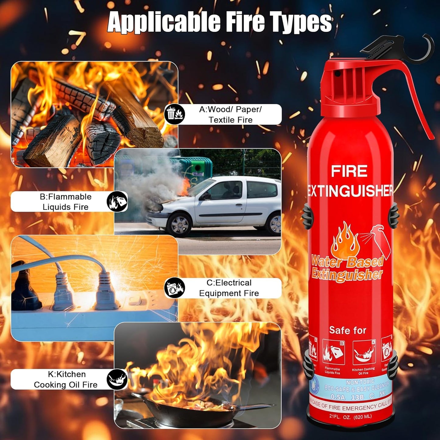 Fire Extinguisher for Home with Mount, 4 Pack Upgraded 8-in-1 Portable Fire Extinguishers For Vehicle Car Boat Marine Kitchen Emergency Supplies, Water-Based Extinguisher For A, B, C, K Fire Types