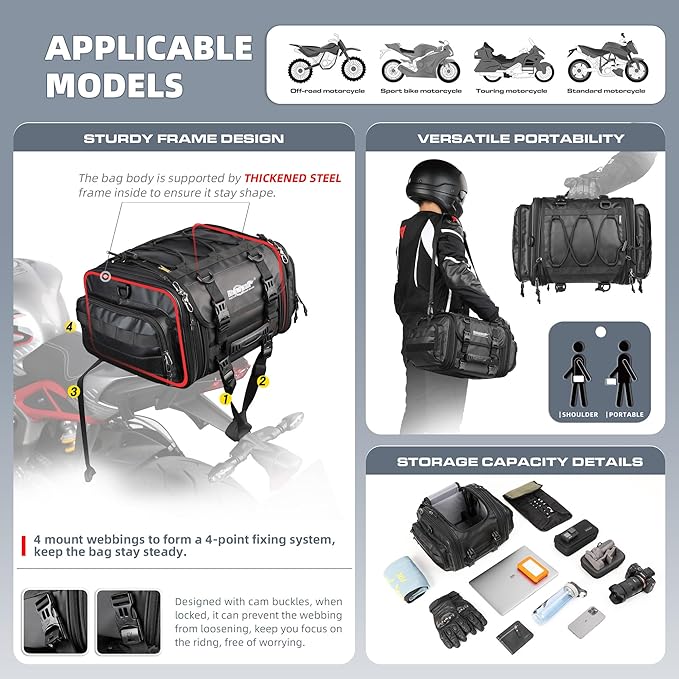 Rhinowalk Motorcycle Tail Bag 19-26L Expandable Waterproof Motorbike Saddle Bag Powersports Travel Luggage with Rain Cover & Shoulder Strap (Black, 26L)