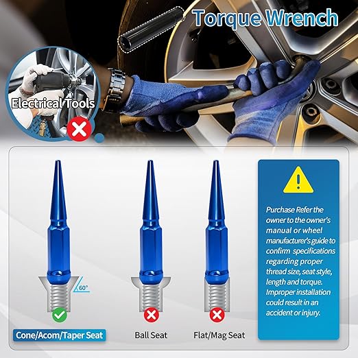 M14X1.5 Blue Wheel Spike Lug Nuts, 24 PCS Lug Nut Wheel Accessories with 1 Socket Key, Thread Spiked 4.4" Long Closed End Nuts Compatible with Silverado Sierra 1500