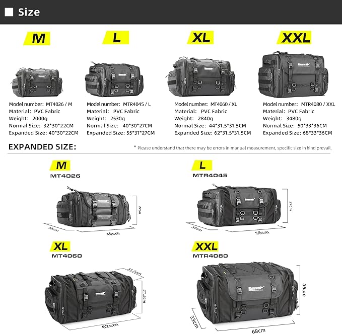 Rhinowalk Motorcycle Saddle Bag Motorbike Rear Seat Bag Waterproof Expandable 60L to 80L Large Pannier Luggage for Touring and Street Powersports (80L, Black)