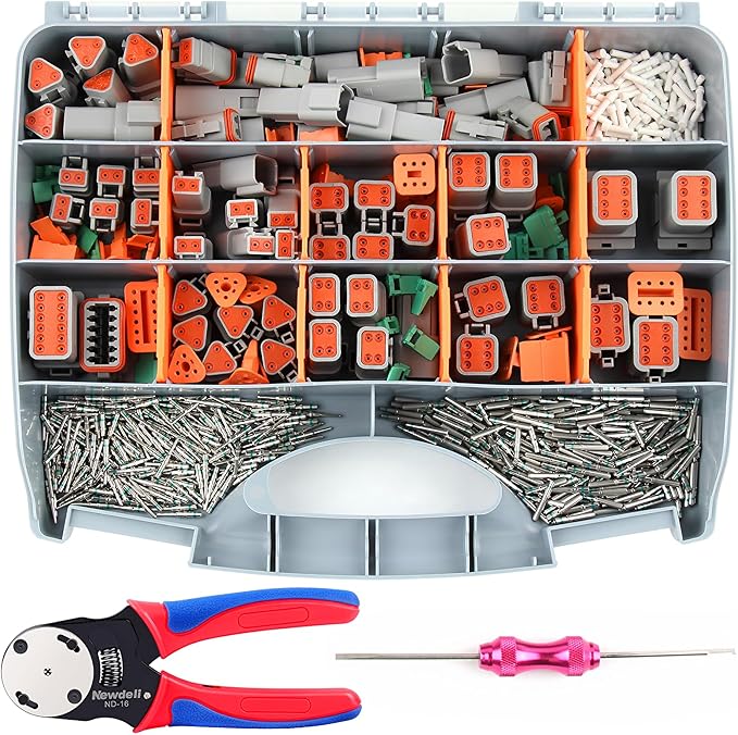 Newdeli 338 pcs Deustch Connector Kit 2 3 4 6 8 12 Pin Connectors with Deutsch Crimping Tool and DT Connector Removal Tool Size 16 Solid Terminal Contacts(14-20AWG)