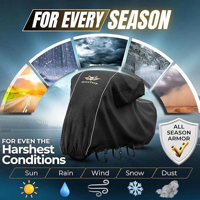 600D Heavy Duty Motorcycle Cover 100% Waterproof; License Plate Window, Exhaust Heat Guard, Night Reflectors, Wheel Lock Slots (Black, 4XL 118X44X59)