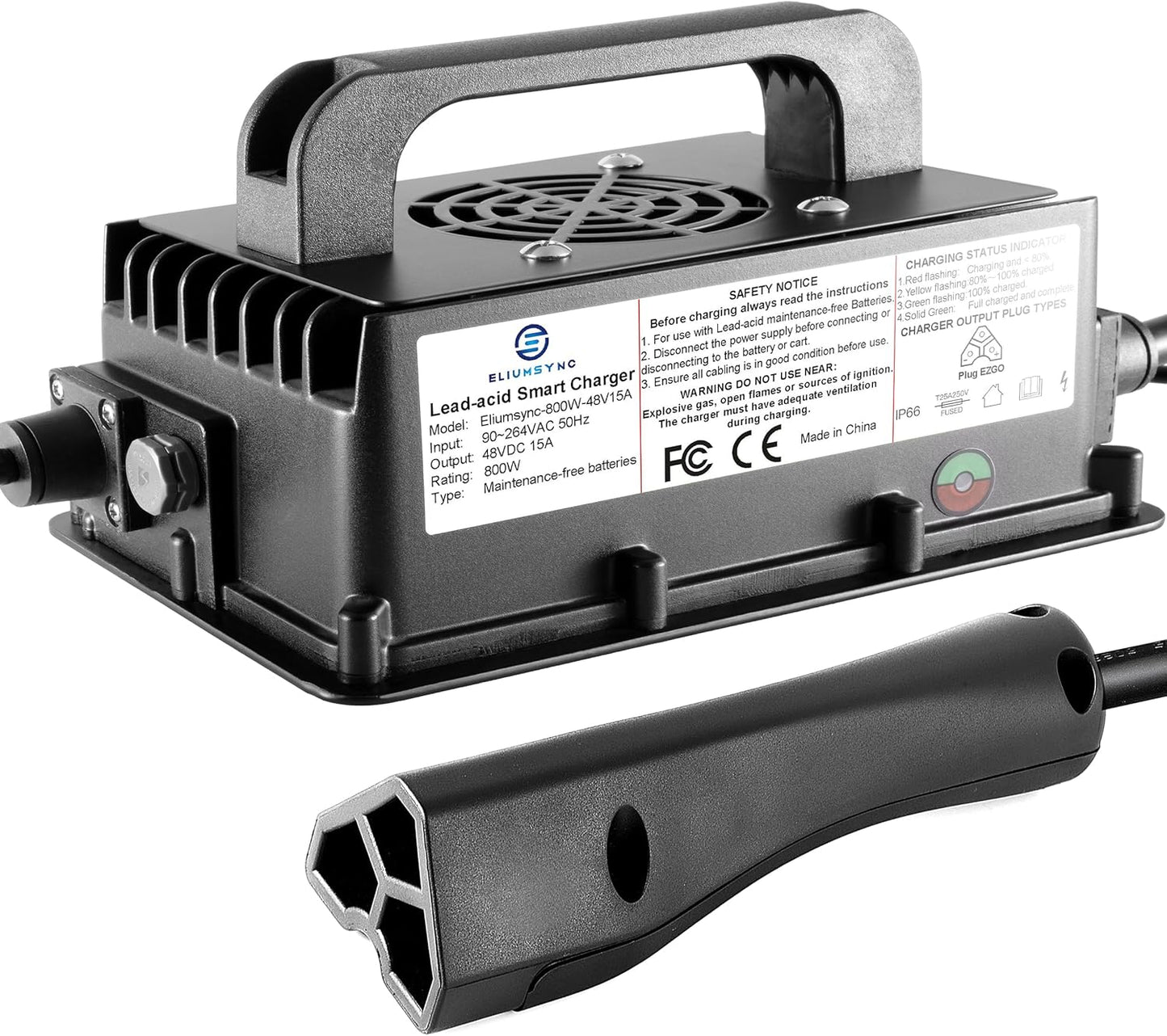 800W Lead Acid Battery Charger 48 Volt 15 AMP 3-Pin Triangular Plug EZGO RXV & TXT Golf Carts