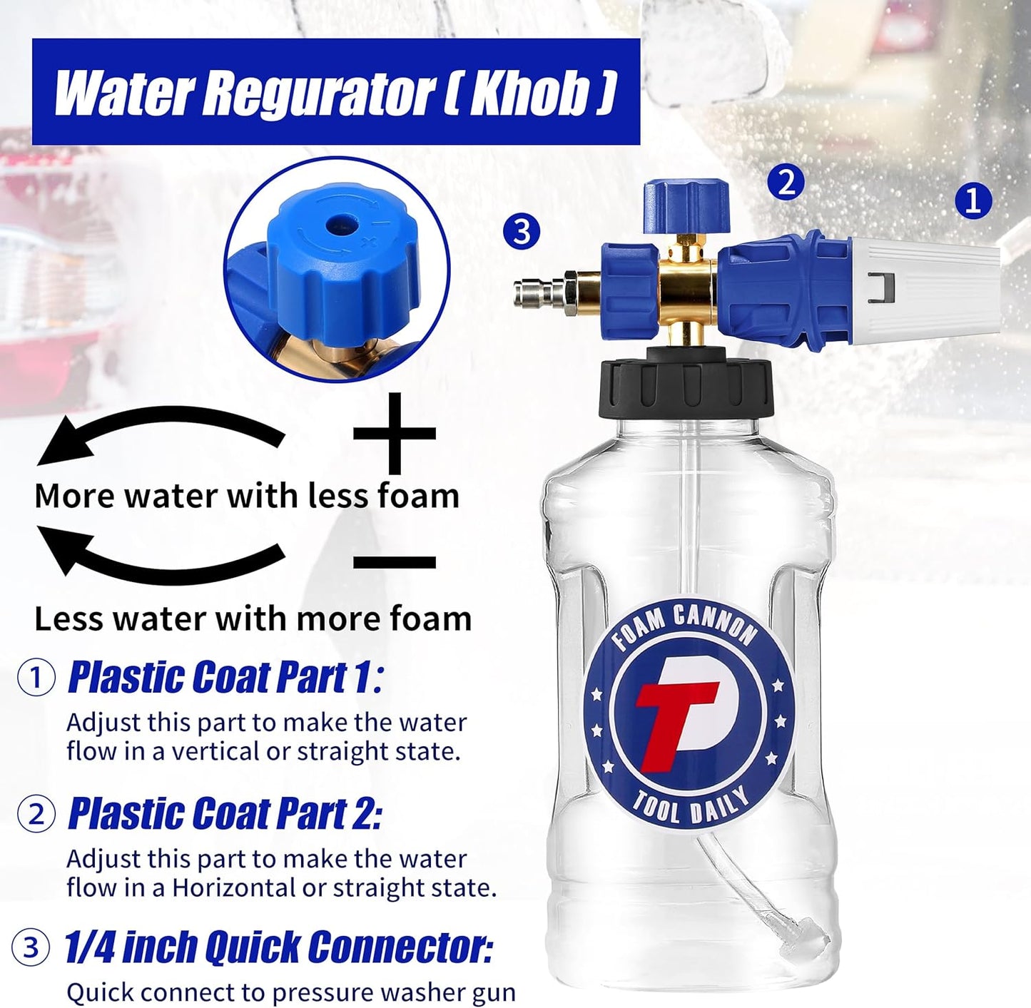 Tool Daily Foam Cannon for Pressure Washer, Adjustable Foam Blaster, Snow Foam Lance with M22 and 1/4 Inch Quick Connect, Additional Orifice Nozzle 1.1mm, 1.5 Liter